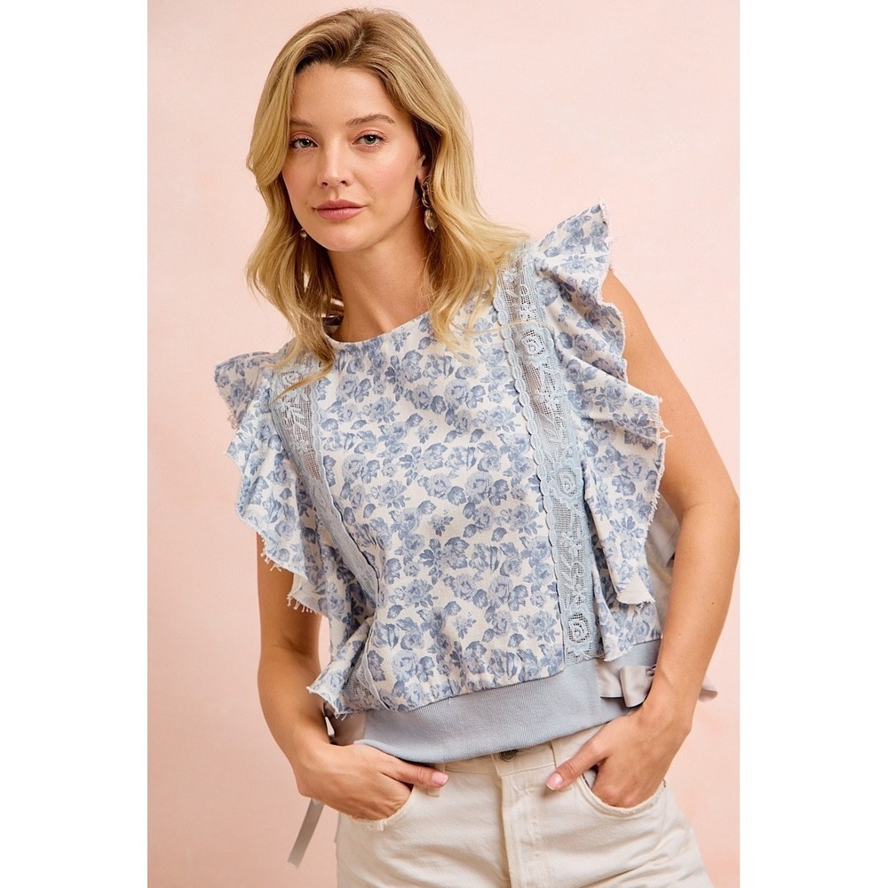 BiBi Floral Printed Twill Lace Trim Detail Side Bow Tied Top - Small